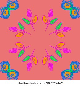 Circular   pattern of floral  motif,branches, stylized flowers, bud, spirals, copy space. Hand drawn.