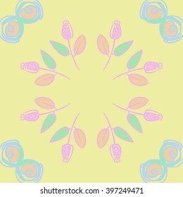 Circular   pattern of floral  motif,branches, stylized flowers, bud, spirals, copy space. Hand drawn.