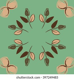 Circular   pattern of floral  motif,branches, stylized flowers, bud, spirals, copy space. Hand drawn.