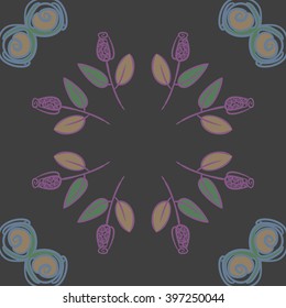 Circular   pattern of floral  motif,branches, stylized flowers, bud, spirals, copy space. Hand drawn.