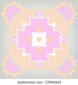 Circular pattern of floral motif,cross, doodles, stamens. Hand drawn.
