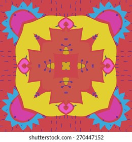 Circular pattern of floral motif,cross, doodles, stamens. Hand drawn.