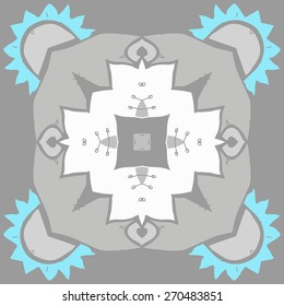 Circular pattern of floral motif,cross, doodles, stamens. Hand drawn.