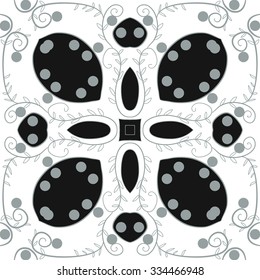 Circular    pattern  of floral motif,hole, leaves, spots, spirals, stars, ellipses. Hand drawn.
