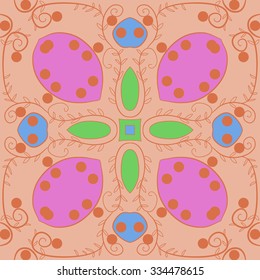 Circular    pattern  of floral motif,hole, leaves, spots, spirals, stars, ellipses. Hand drawn.