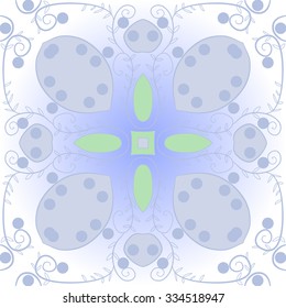Circular    pattern  of floral motif,hole, leaves, spots, spirals, stars, ellipses. Hand drawn.