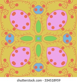 Circular    pattern  of floral motif,hole, leaves, spots, spirals, stars, ellipses. Hand drawn.