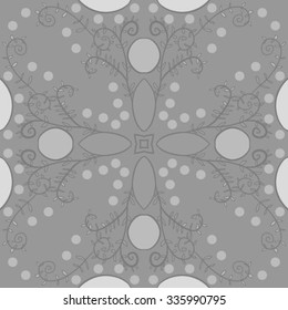 Circular    pattern  of floral motif,hole, leaves, spots, spirals, stars, twigs, ellipses. Hand drawn.