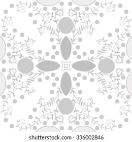 Circular    pattern  of floral motif,hole, leaves, spots, spirals, stars, twigs, ellipses. Hand drawn.