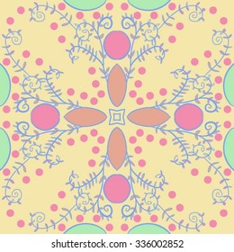 Circular    pattern  of floral motif,hole, leaves, spots, spirals, stars, twigs, ellipses. Hand drawn.