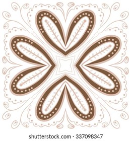 Circular    pattern  of floral motif,hole, leaves, spots, spirals, stars, twigs, ellipses. Hand drawn.