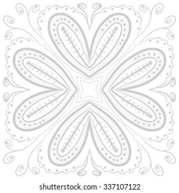 Circular    pattern  of floral motif,hole, leaves, spots, spirals, stars, twigs, ellipses. Hand drawn.