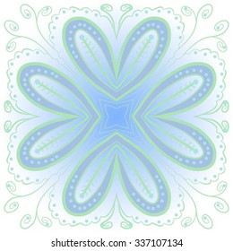 Circular    pattern  of floral motif,hole, leaves, spots, spirals, stars, twigs, ellipses. Hand drawn.