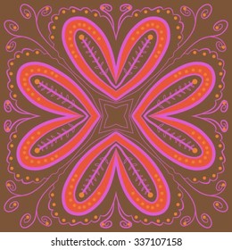 Circular    pattern  of floral motif,hole, leaves, spots, spirals, stars, twigs, ellipses. Hand drawn.