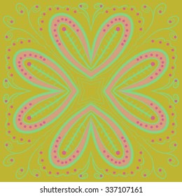 Circular    pattern  of floral motif,hole, leaves, spots, spirals, stars, twigs, ellipses. Hand drawn.