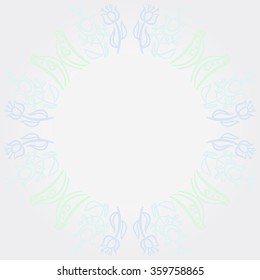 Circular pattern, floral motifs, branches, ellipses, leaves, stamens, circle, copy space. Hand drawn.