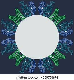 Circular pattern, floral motifs, branches, ellipses, leaves, stamens, circle, copy space. Hand drawn.