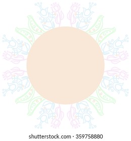 Circular pattern, floral motifs, branches, ellipses, leaves, stamens, circle, copy space. Hand drawn.