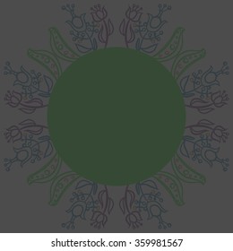 Circular pattern, floral motifs, branches, ellipses, leaves, stamens, circle, copy space. Hand drawn.
