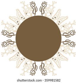 Circular pattern, floral motifs, branches, ellipses, leaves, stamens, circle, copy space. Hand drawn.