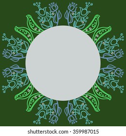 Circular pattern, floral motifs, branches, ellipses, leaves, stamens, circle, copy space. Hand drawn.