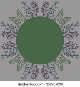Circular pattern, floral motifs, branches, ellipses, leaves, stamens, circle, copy space. Hand drawn.