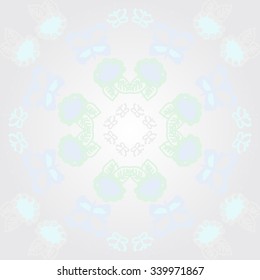 Circular   pattern  of floral  motifs, doodles, spirals,  leaves, butterflies. Hand drawn.
