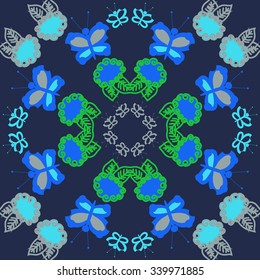 Circular   pattern  of floral  motifs, doodles, spirals,  leaves, butterflies. Hand drawn.