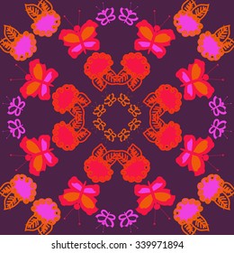 Circular   pattern  of floral  motifs, doodles, spirals,  leaves, butterflies. Hand drawn.