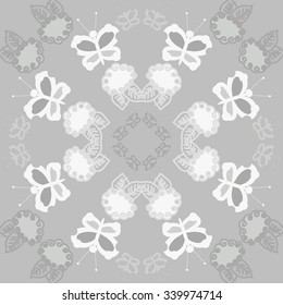 Circular   pattern  of floral  motifs, doodles, spirals,  leaves, butterflies. Hand drawn.