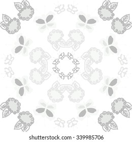 Circular   pattern  of floral  motifs, doodles, spirals,  leaves, butterflies. Hand drawn.