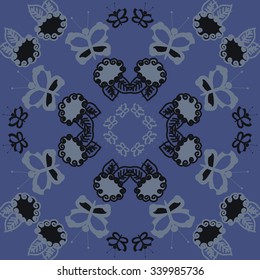 Circular   pattern  of floral  motifs, doodles, spirals,  leaves, butterflies. Hand drawn.