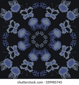 Circular   pattern  of floral  motifs, doodles, spirals,  leaves, butterflies. Hand drawn.