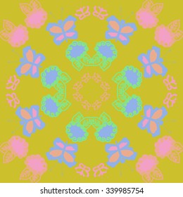 Circular   pattern  of floral  motifs, doodles, spirals,  leaves, butterflies. Hand drawn.