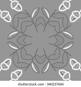 Circular  pattern  of  floral  motifs, doodles,  branches, leaves, acorns. Hand drawn.