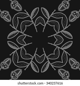 Circular  pattern  of  floral  motifs, doodles,  branches, leaves, acorns. Hand drawn.