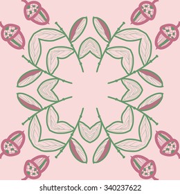 Circular  pattern  of  floral  motifs, doodles,  branches, leaves, acorns. Hand drawn.