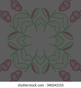 Circular  pattern  of  floral  motifs, doodles,  branches, leaves, acorns. Hand drawn.
