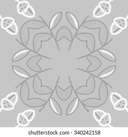 Circular  pattern  of  floral  motifs, doodles,  branches, leaves, acorns. Hand drawn.