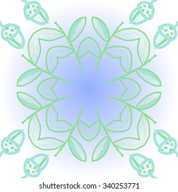 Circular  pattern  of  floral  motifs, doodles,  branches, leaves, acorns. Hand drawn.