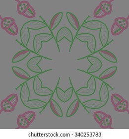 Circular  pattern  of  floral  motifs, doodles,  branches, leaves, acorns. Hand drawn.