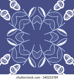 Circular  pattern  of  floral  motifs, doodles,  branches, leaves, acorns. Hand drawn.