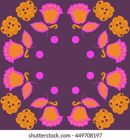 Circular pattern of floral motifs, doodles,  object,leaves, flowers, spirals, ellipses, bell, spot, copy space. Hand drawn.