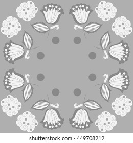 Circular pattern of floral motifs, doodles,  object,leaves, flowers, spirals, ellipses, bell, spot, copy space. Hand drawn.