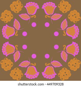 Circular pattern of floral motifs, doodles,  object,leaves, flowers, spirals, ellipses, bell, spot, copy space. Hand drawn.