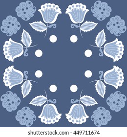 Circular pattern of floral motifs, doodles,  object,leaves, flowers, spirals, ellipses, bell, spot, copy space. Hand drawn.