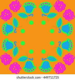 Circular pattern of floral motifs, doodles,  object,leaves, flowers, spirals, ellipses, bell, spot, copy space. Hand drawn.