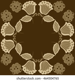 Circular pattern of floral motifs, doodles,  object,leaves, flowers, spirals, stripes,ellipses, bell, spot. Hand drawn.