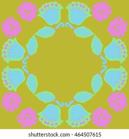 Circular pattern of floral motifs, doodles,  object,leaves, flowers, spirals, stripes,ellipses, bell, spot. Hand drawn.