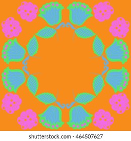 Circular pattern of floral motifs, doodles,  object,leaves, flowers, spirals, stripes,ellipses, bell, spot. Hand drawn.
